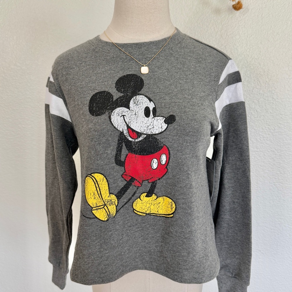 🏰 Disney Grey Mickey Mouse Varsity Graphic Sweatshirt Pullover Top Disney